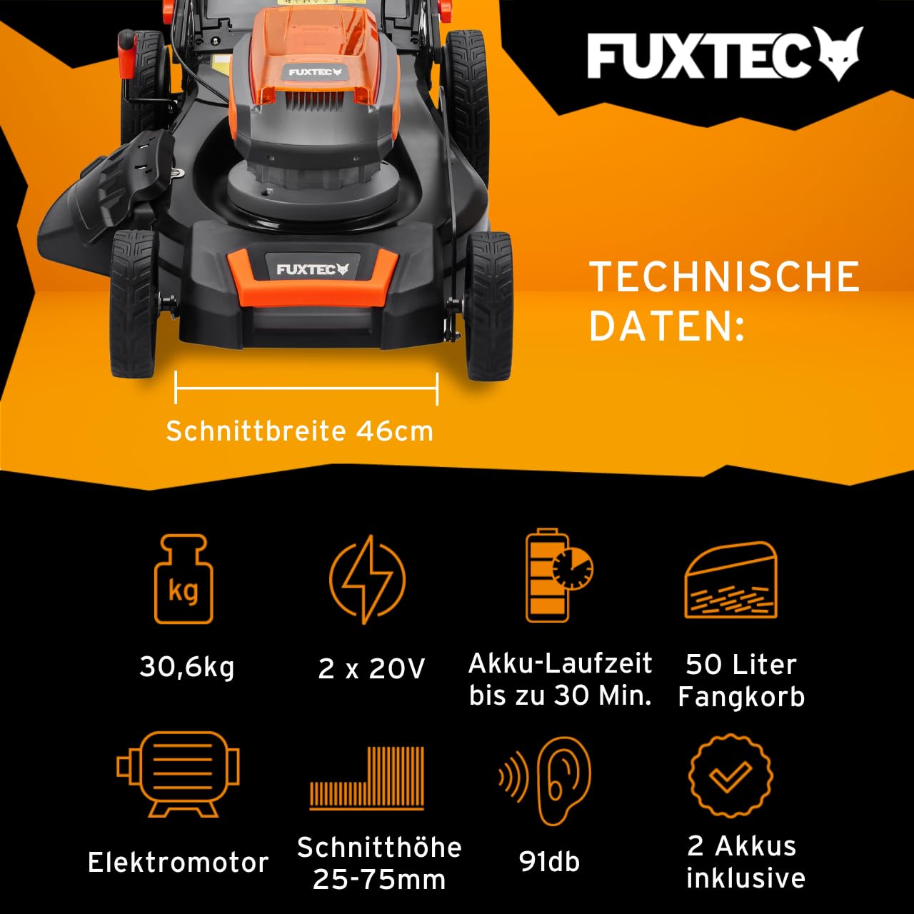 FUXTEC 4in1 Akku Rasenmäher 40V (2x20V) FX-E2RM46 inkl. 2x20V Li-Ion Batterie 4Ah & Doppelladegerät – Schnittbreite 46cm, Schnitthöhe 25-75mm & 50L Grasfangkorb – mit Mulch-Funktion und Seitenauswurf