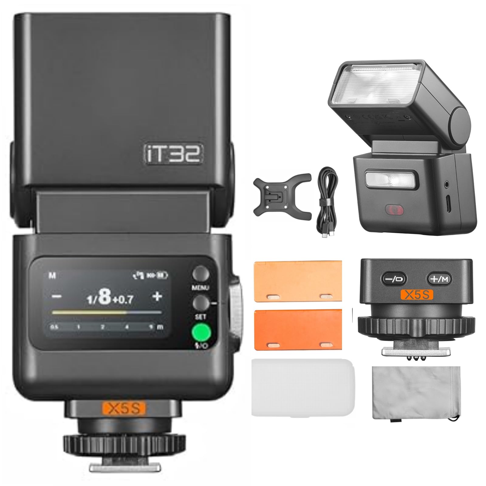 GODOX iT32 TTL Kamerablitz+X5S Kabelloser Blitztrigger 1/8000s HSS GN18 Kamera Speedlite 1,5 s Wiederaufladezeit integriertes LED-Licht mit Softdiffusor und Magnetfilter für Sony Kameras