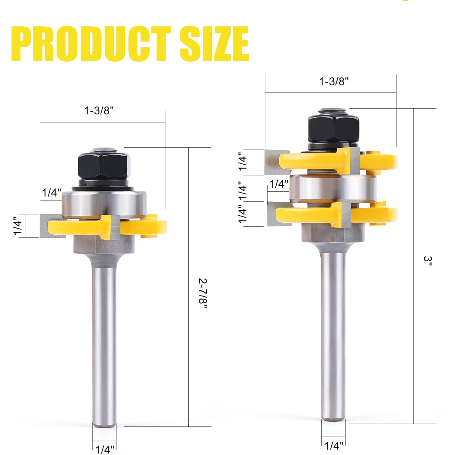 Yueqing Zhongji Tongue and Groove Router Bit Set 2 Pieces 1/4 Inch Shank-6.35MM Shank Slot depth 1/4" Slot height 1/4" 3 Teeth Adjustable T Shape Milling Cutter 1/4Inch Cutting Depth 1-3/8 Cutting Dia - Image 2