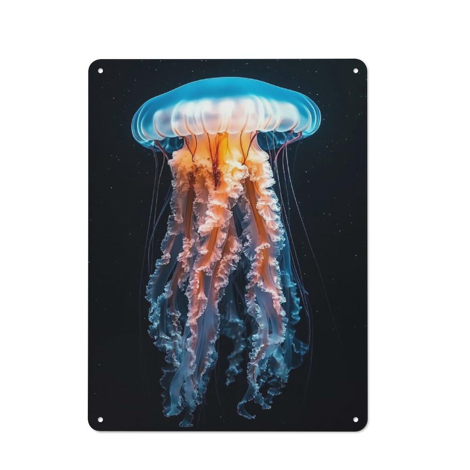 Tin Wall Plaque 40x30cm with Bioluminescent Jellyfish in Deep Sea for Hobby Room Or Studio, for Themed Interiors in Hobby Rooms And Studios