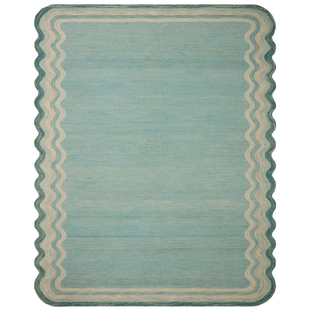Capitola Rugs Hand Tufted 100% Wool Rug, Scalloped Edges, Hand Hooked, Modern Ombre Wave Design, Multiple Sizes/Colors (Sky Blue, 5x8)