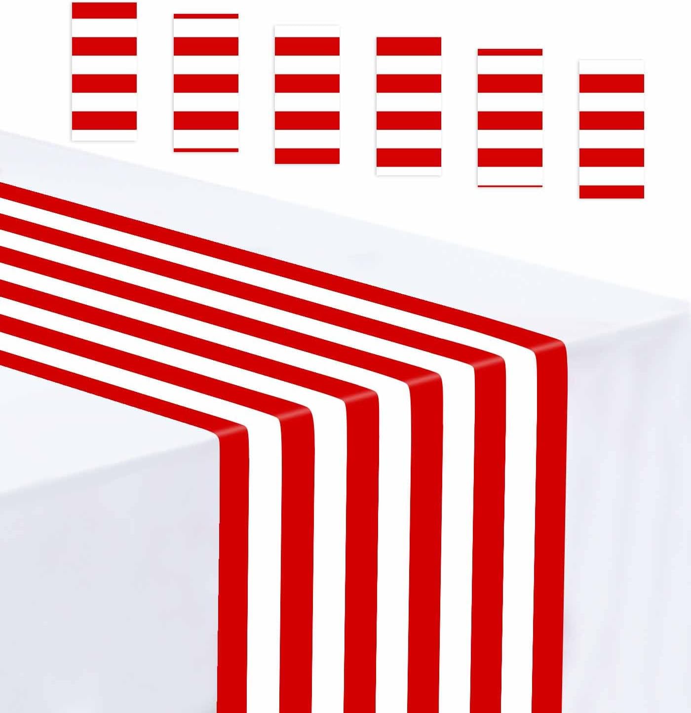 6 Pcs Striped Table Runner Plastic 14 x 108 Inch Red and White Stripe Table Runner for Party Wedding Birthday Baby Shower Christmas Table Centerpiece Decorations Disposable Runners Plastic