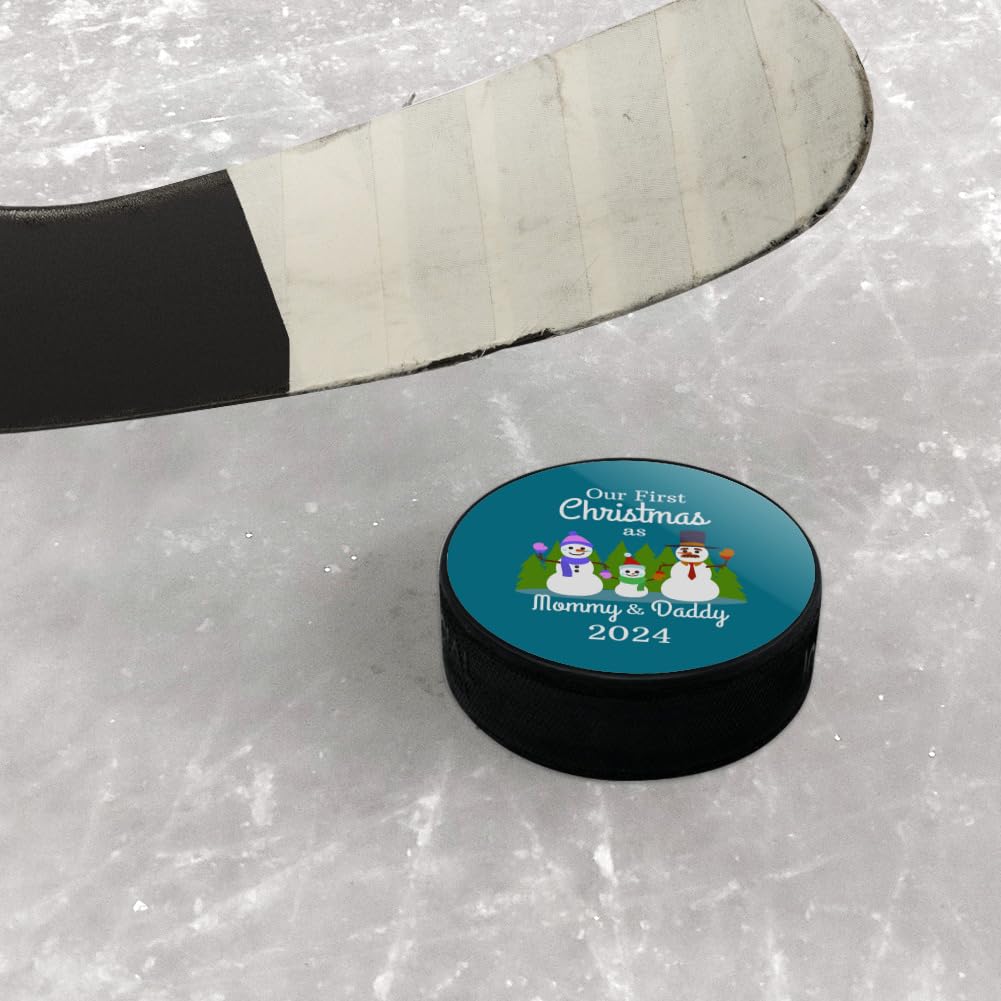 Our First Christmas as Mommy and Daddy 2024 Snowman Family Ice Hockey Puck