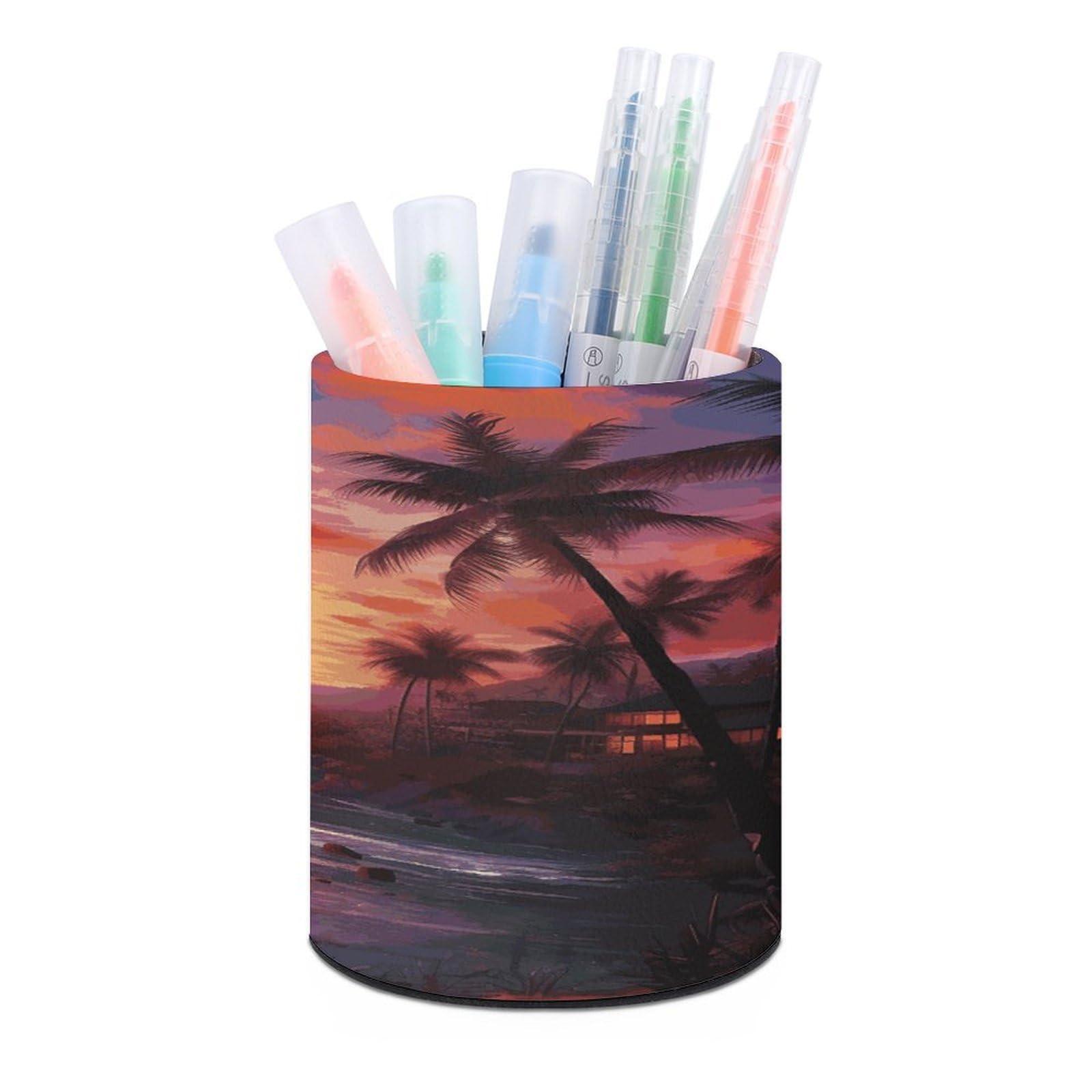 Colorful Tropical Sunset Pen Holder Multi-Functional Round Pencil Holder Cute Office Decoration Pen Cups Simple Design PU Leather Paintbrush Cups for Home Office Desk