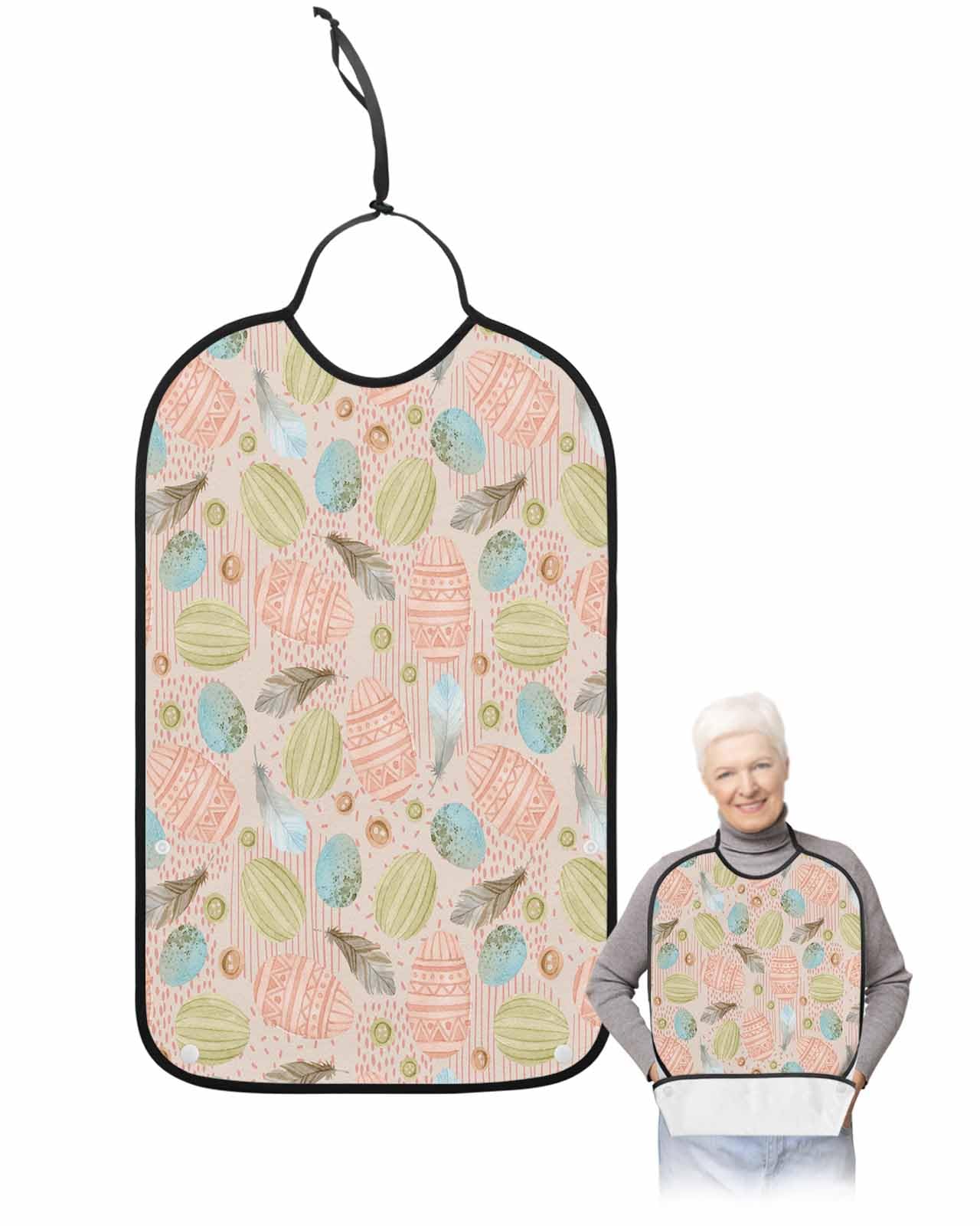 LEOKOTI Spring Easter Adult Bibs for Eating, Waterproof Bibs with Food Catcher & Adjustable Snap Closure, Pink Teal Blue Easter Eggs Boho Feather Washable Clothing Protectors Adult Bibs for Elderly