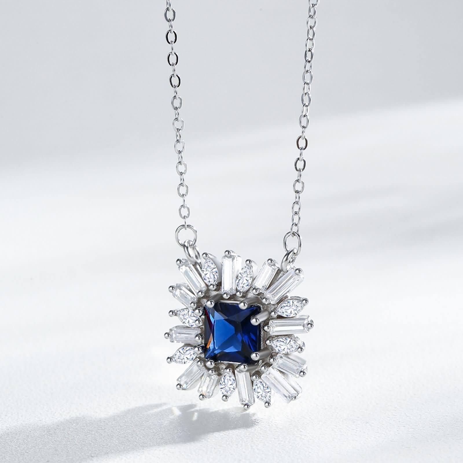 9K / 14K / 18K White Gold Necklace Women, Flower & Square with Created Sapphire and Moissanite, Pendant Silver Blue Women's Necklace