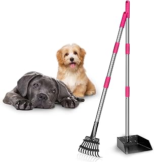 Pooper Scooper, Dog Pooper Scooper Long Handle Stainless Metal Tray and Rake Set for Large Medium Small Dogs Heavy Duty