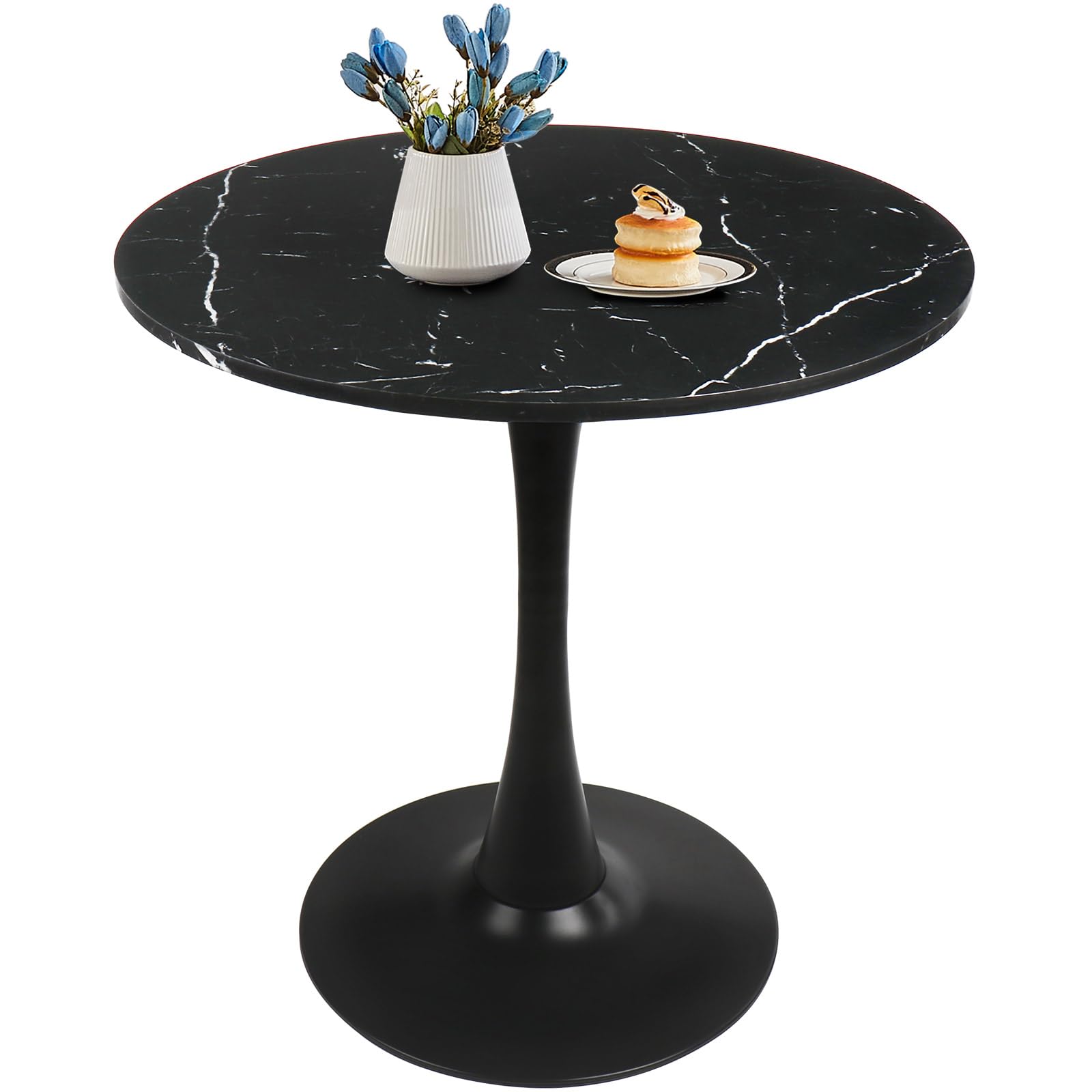 27.5" Tulip Round Dining Table with Metal Pedestal Marble Bk