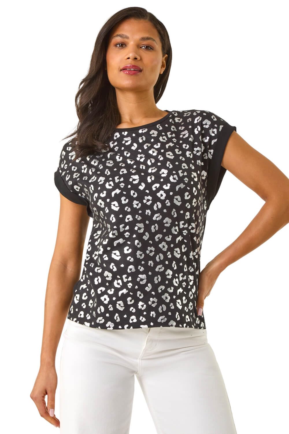Roman Originals Foil Leopard Print T-Shirt for Women UK - Ladies Everyday Holiday Spring Summer Round Neckline Comfy Soft Evening Vacation Work Party - Black - Size 20