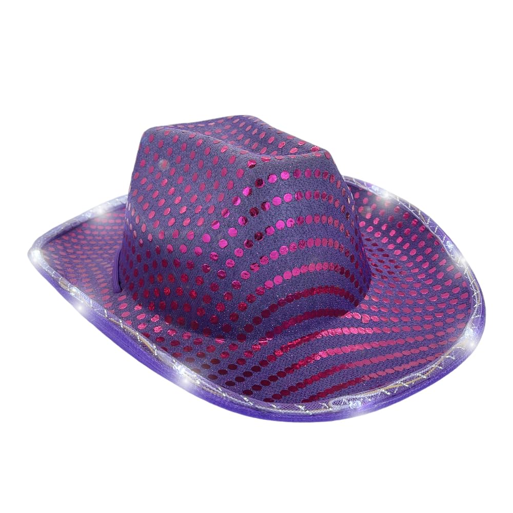 LEEMASING Led Hat Cowboy Sequin Party Cap Flashing Light Up Dance Party Cowboy For Christmas Halloween Birthday Wedding Festival Party (Purple)