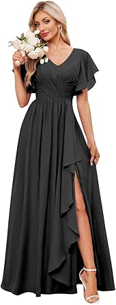 V-Neck Lace Top High Slit Pleated Chiffon Dress Gold