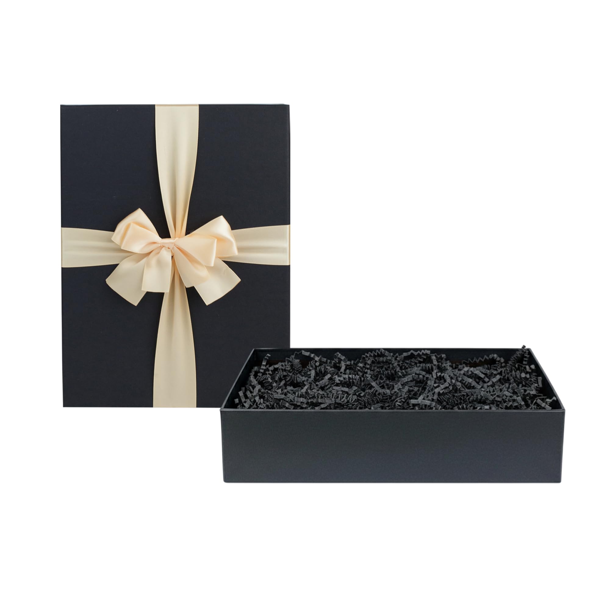 Emartbuy Black Paper + Black Rigid Gift Box with Ribbon – 38 x 27 x 10 cm – Luxury Cardboard Presentation Box|Premium Packaging for Hampers, Birthdays, Weddings, Corporate Gifting — image 1