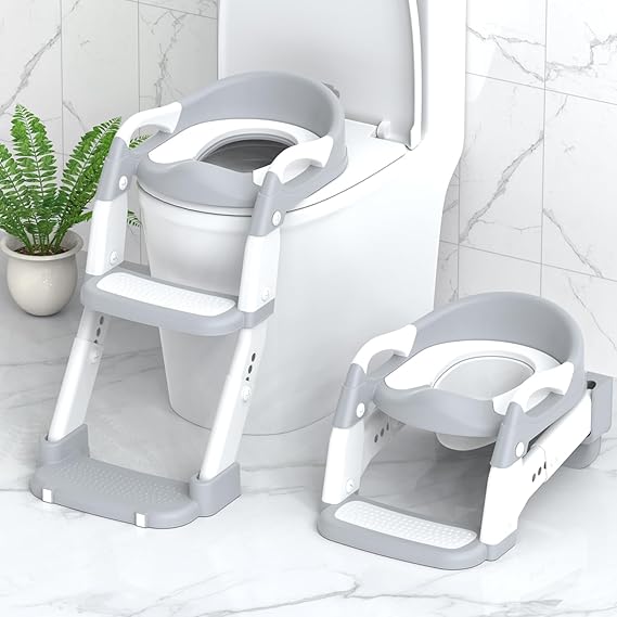 Potty Training Seat, Toddler Potty Training Toilet with Step Stool Ladder for Kids Boys Girls, 3 in 1 Foldable Toilet Seat Potty Chair with Urinals, Splash Guard, Handles, Anti-Slip Pad,Grey