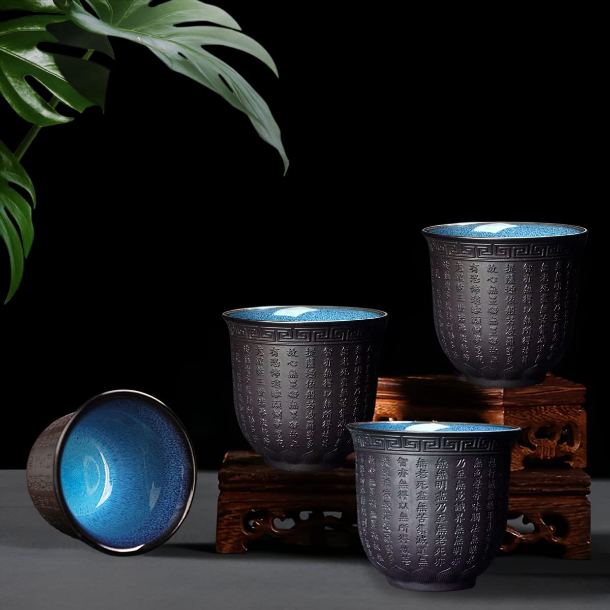 Japanische Teetasse 4er Set, Chinesische Keramik Becher Ohne Henkel, Buddhistische Herz-Sutra-Muster Kleine Tasse,160ML,Spülmaschinenfest