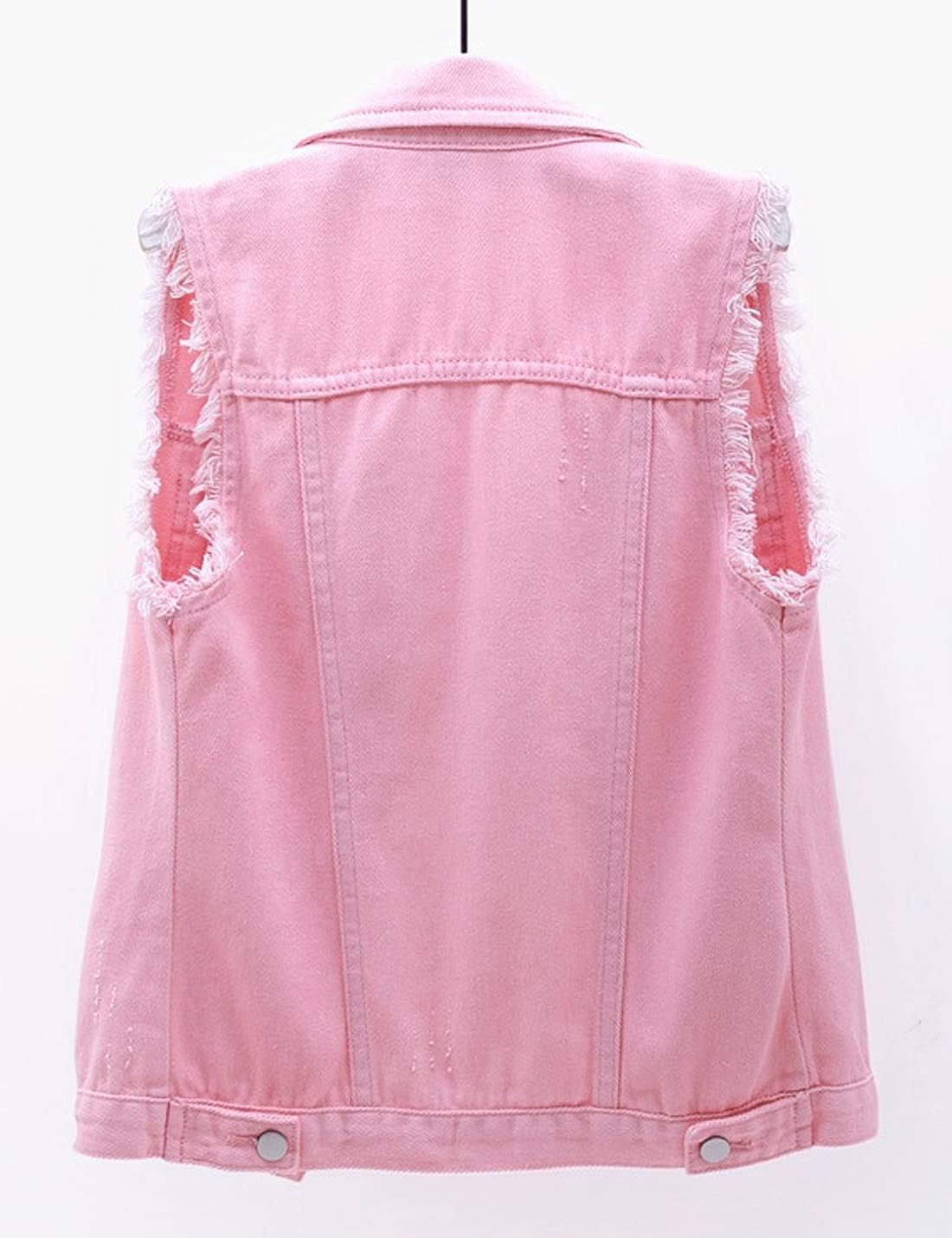 Women's Casual Denim Waistcoat Slim Fit Frayed Sleeveless Jacket Ripped Tops with Pockets - Image 2