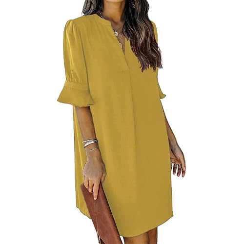 QACOHU Womens V Neck Ruffle Short Sleeve Simple Solid Color Casual Summer Dress