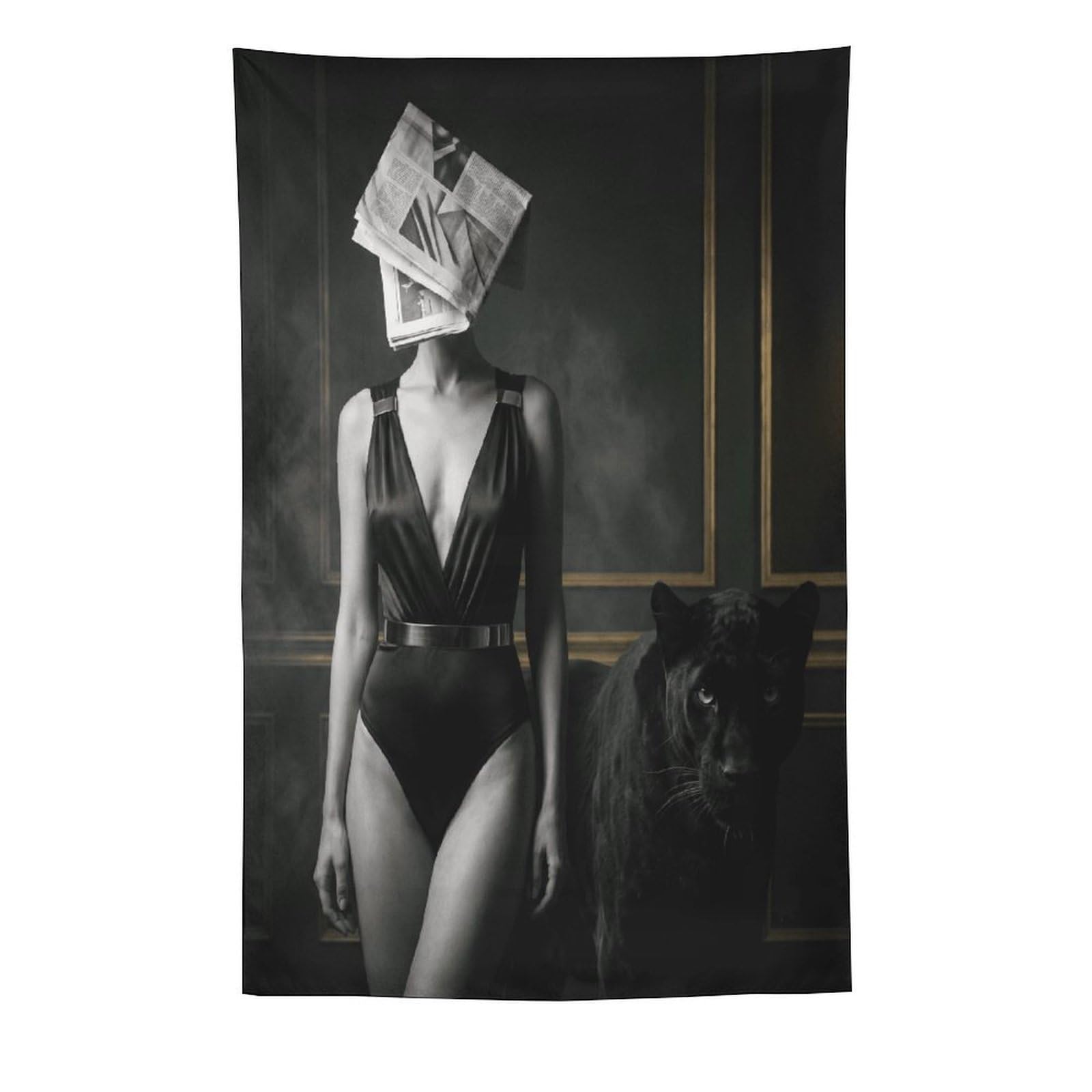 H3B8U2Y5 Newspaper Mask Woman Panther Wall Tapestry, Wild Animal Power