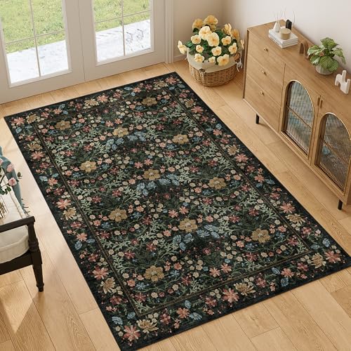 DUKINO 4x6 Vintage Floral Non-Slip Rug, Washable, Low Pile