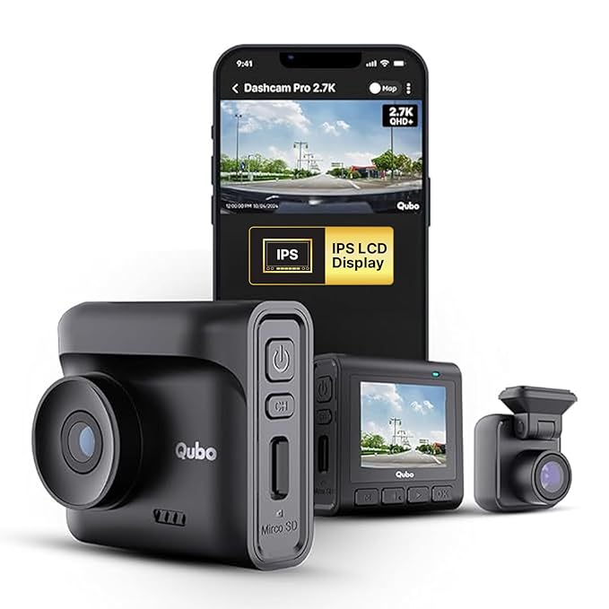 Qubo Car Dashcam Pro 2.7K Dual Channel from Hero Group [2026 Edition] | NightPulse Vision | 5MP QHD+ Front (140°), 2MP FHD Rear | G-Sensor |2" LCD |Built-in GPS, Wi-Fi, Mic |1TB Storage| Made in India
