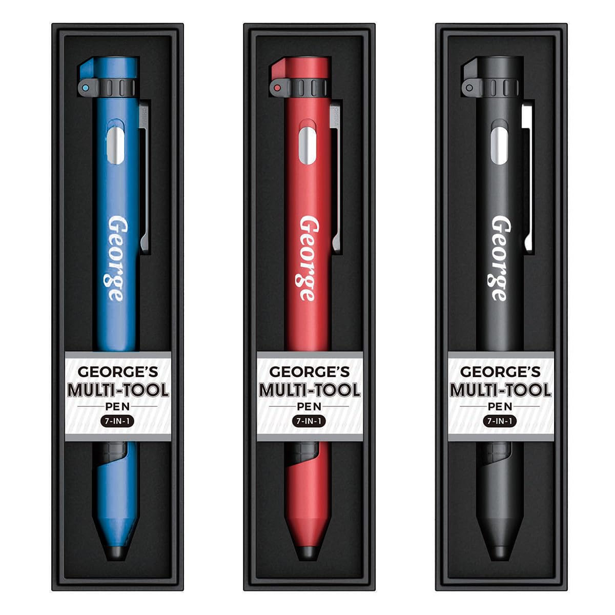 Jrose Collections Red/Blue/Black George Named Personalised Multi-Tool Pen, 7-In-1 With Torch, Phone Holder, Stylus, Compass, And Screwdriver Set - Assorted Colours (, Black) - Ink