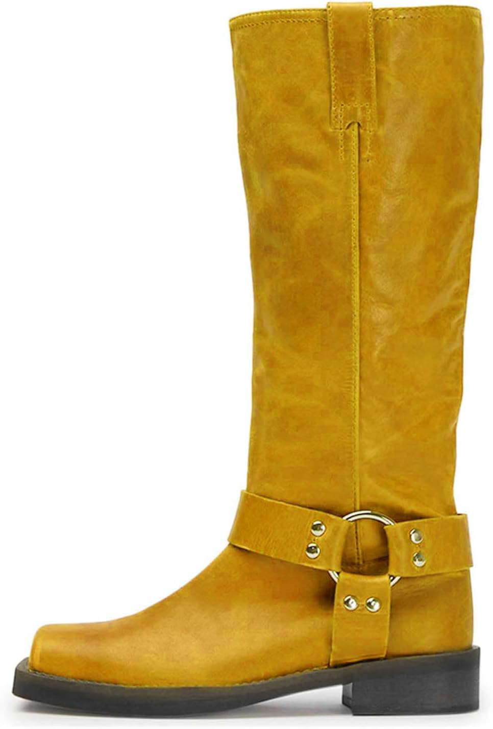 FIFSY Knee High Boots for Women Chunky Heel Buckle Boots Square Toe Pull On Motorcycle Biker Riding Boots Low Heel Tall Booties