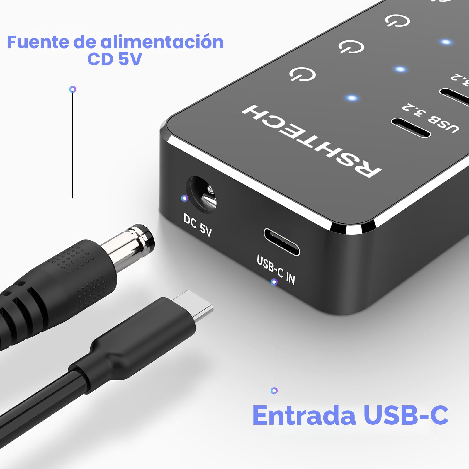 Hub USB Alimentado, RSHTECH Hub USB 3.2/USB C de 7 Puertos con 3 * 10Gbps Puertos Datos (USB-A, 2*USB-C), 4 * 5Gbps Puertos USB 3.0, Interruptor Táctil, Cable Datos 2 en 1(100cm), 5V/3A, RSH-ST07C