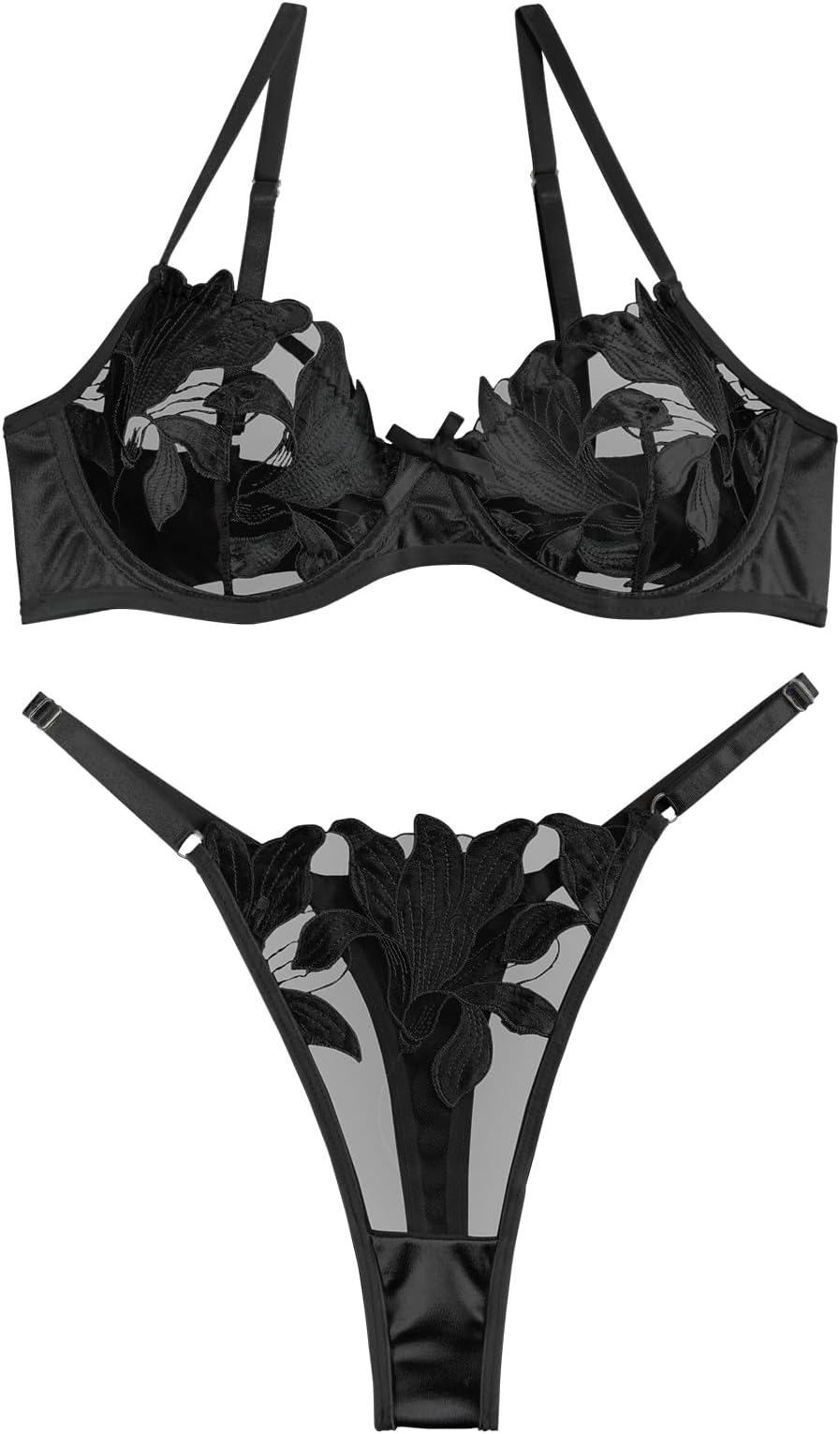 Sexy Satin Mesh Floral Sheer Embroidered Underwire Lingerie Set 2 Piece Women