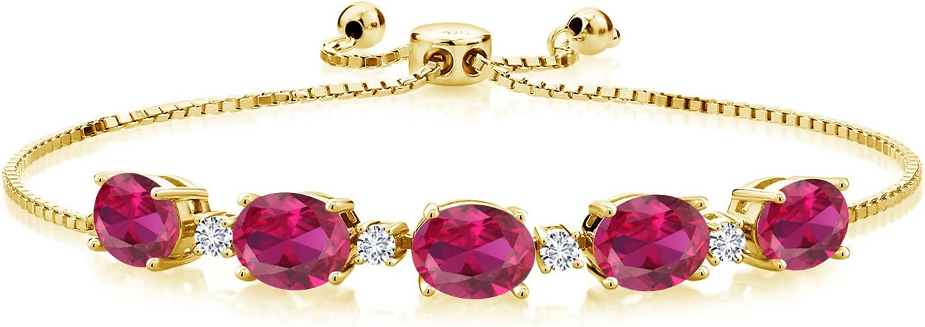 18K Yellow Gold Plated Silver Gemstone Birthstone and White Lab Grown Diamond Tennis Bracelet for Women | Oval 8X6MM with Round 2.5MM Accents | Adjustable Bolo Chain | Fine Jewelry for Her Mom Wife