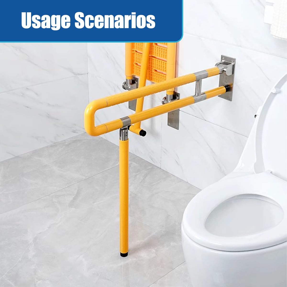 Barras de agarre para discapacitados, barra de seguridad abatible para inodoro con pata, agarre antideslizante, ayuda para ancianos, embarazadas, discapacitadas (tamaño: 70 x 60 cm, color: amarillo)