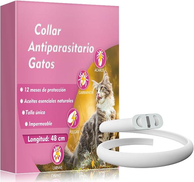 Collar Antiparasitario Gatos, Natural Collar Antipulgas Gatos, Protección Impermeable de 12 Meses, Ajustable 48 cm