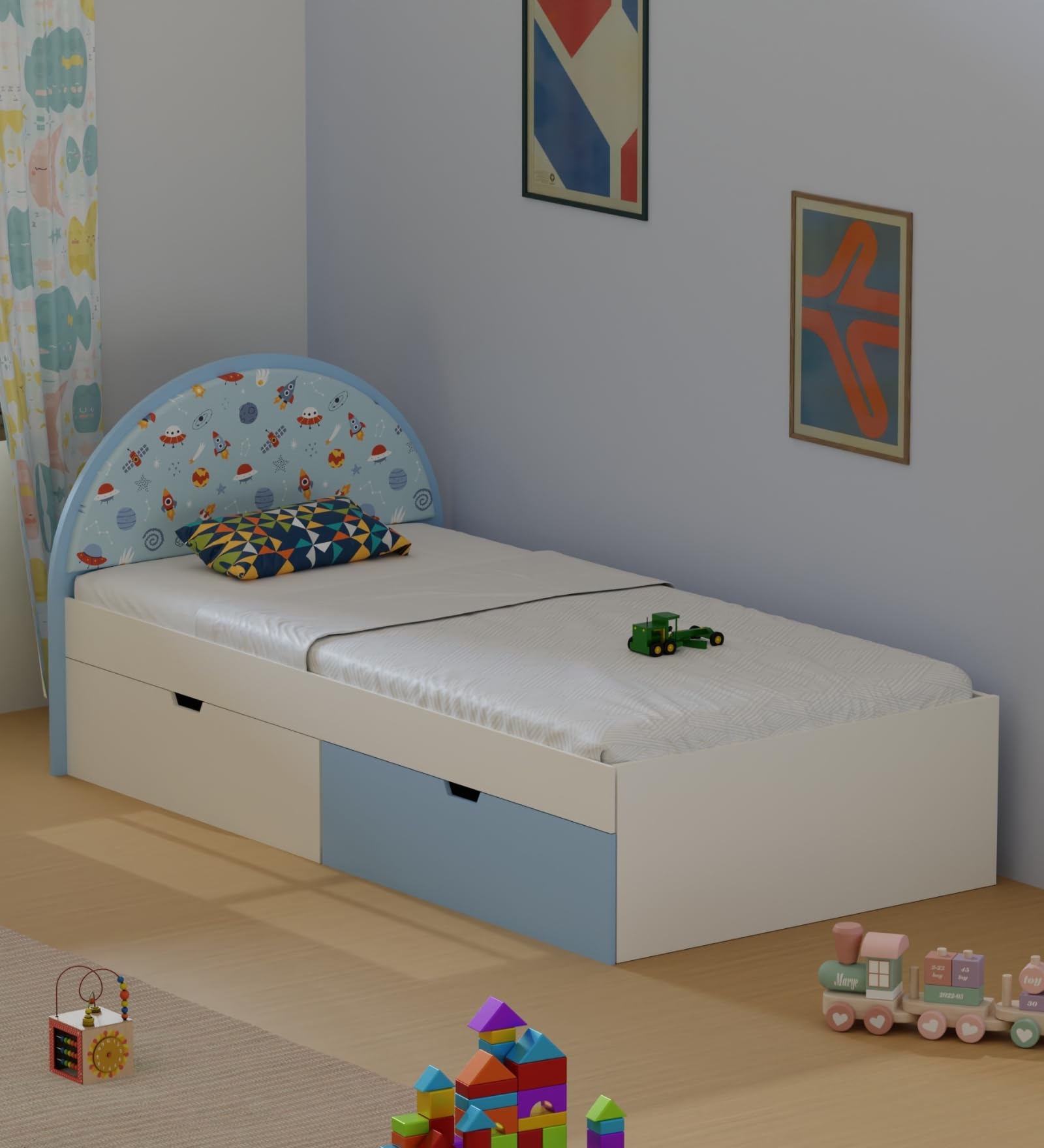 Boingg Sweet Slumber Engineered Wood Single Bed for Kids | Sky Blue Space Theme | Single Size | Cozy Low Height Design | 5 Year Warranty-image-7