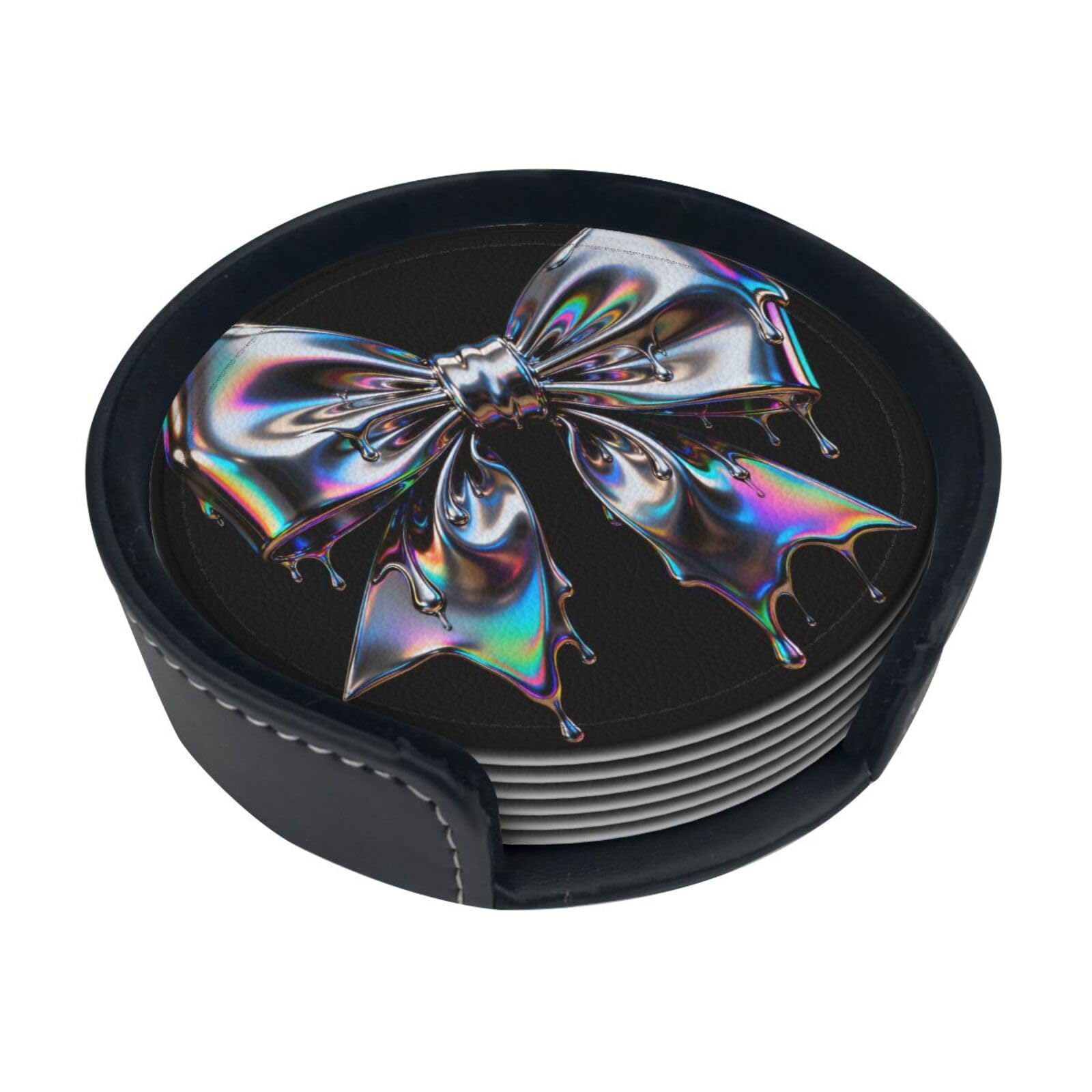 Bow pattern Leather Coasters-Set of 6 with Storage Holder