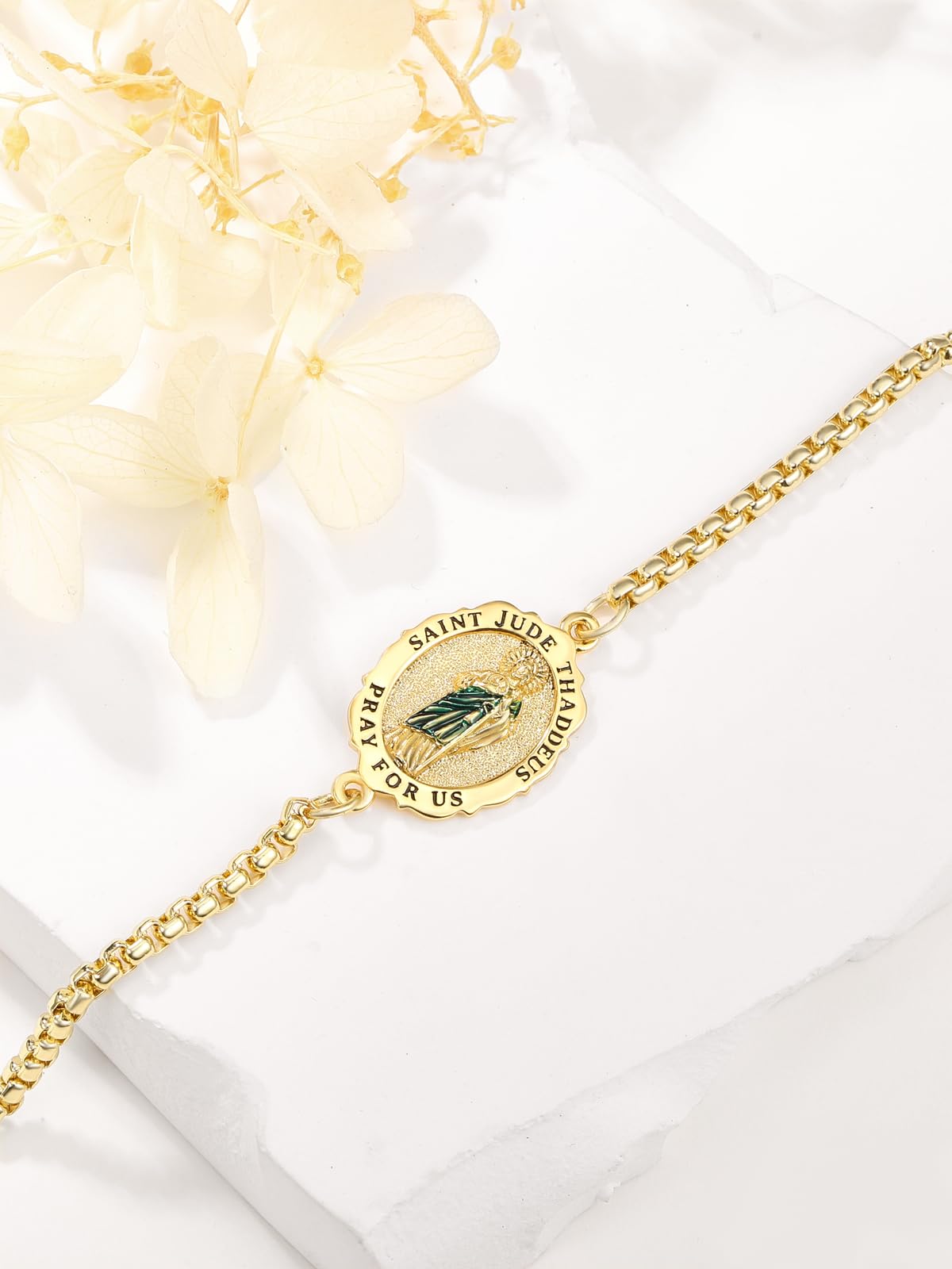 TANGPOET Pulsera de medalla de San para mujeres y hombres, plata de ley 925 chapada en oro, joyería religiosa católica, regalos para el día de la madre, día del padre, cumpleaños, Navidad, cadena