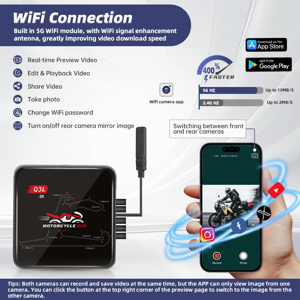 VSYSTO Q3L 2K Caméra Embarquée Moto Double Caméra Avant et Arrière 2K, WiFi 5G, Vision Nocturne Starlight, Étanche, Télécommande Filaire avec LED, Mode Parking, Jusqu'à 512 Go