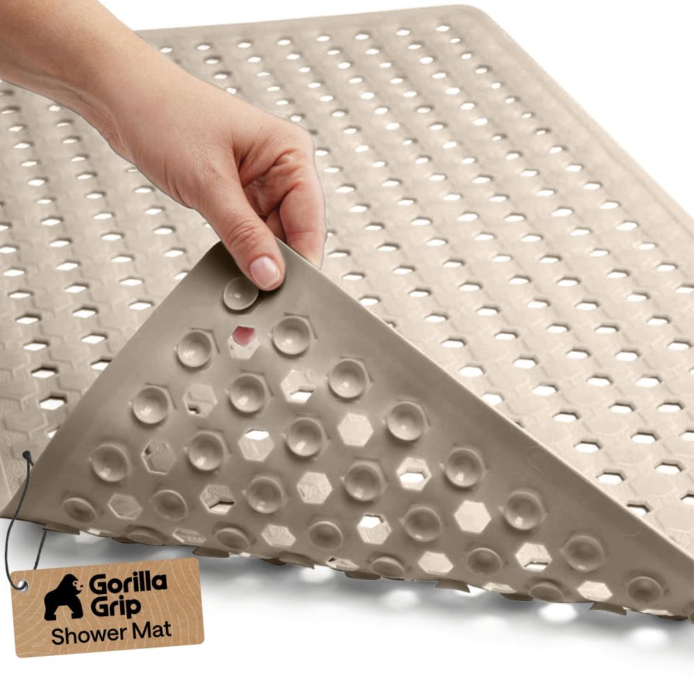 GORILLA GRIP Patented Bath Tub Shower Mat, Machine Washable Bathtub Floor Liner Mats, Suction Cups and Drain Holes to Keep Tubs Clean, Soft on Feet, Bathroom Essentials, 35x16 Inch, Beige