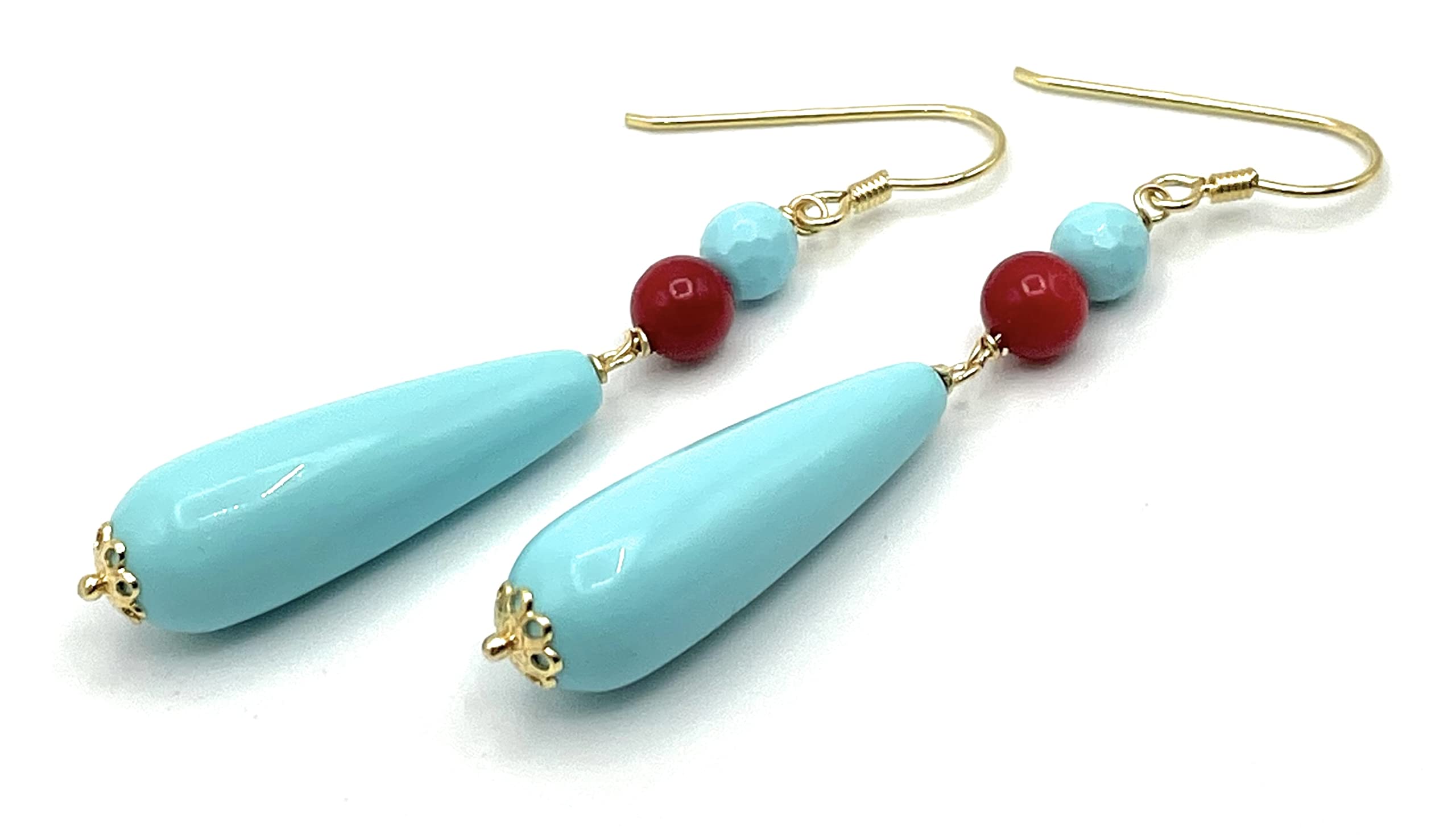 Orecchini con Gocce Turchesi e Corallo Rosso, Pendenti in Argento 925 Dorato 24 K Made in Italy, Gioielli Classici, Regalo per Lei