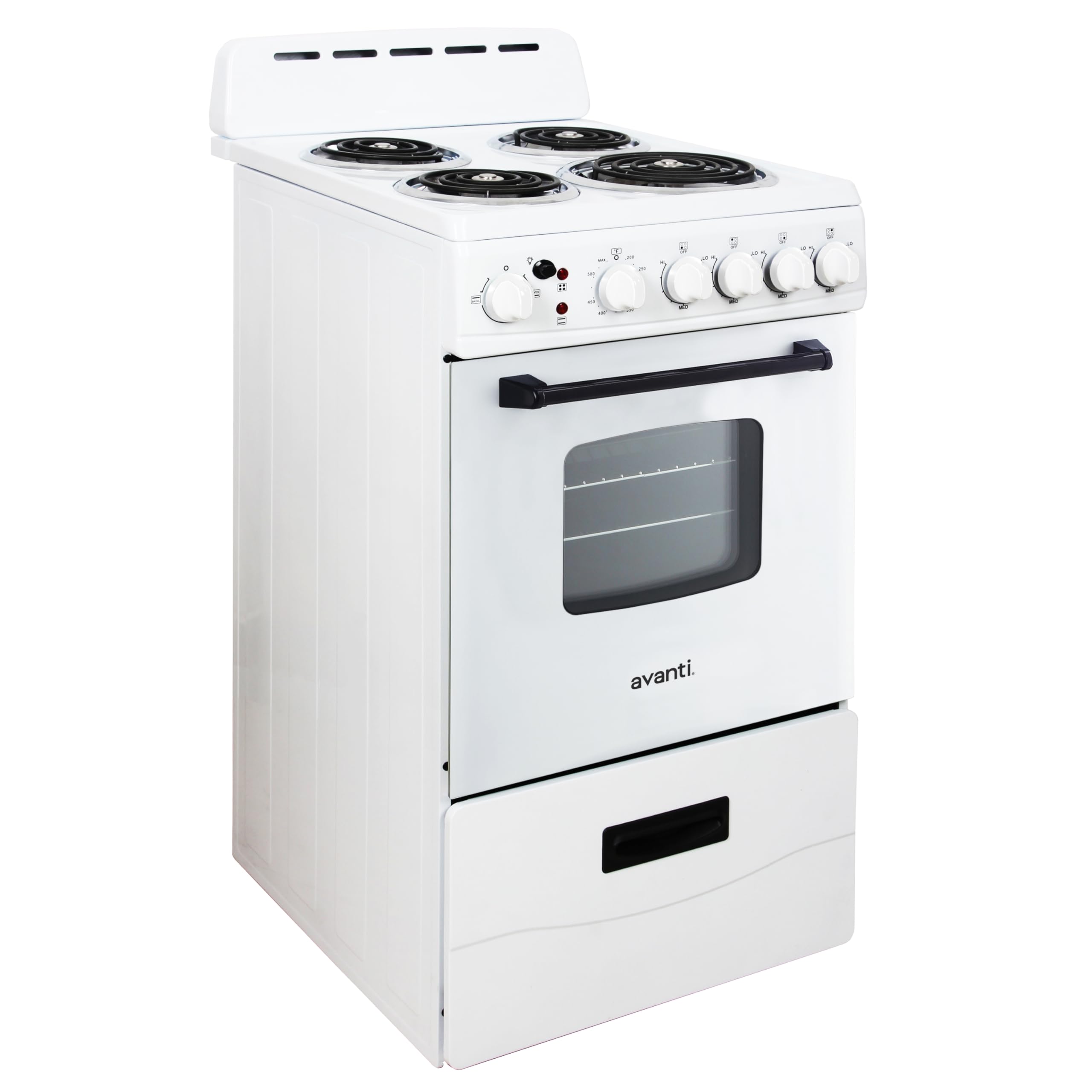 Avanti ERU240P0W Electric Range Oven Compact Design, 2.6-Cu.Ft. Capacity with 4 Coil Burners, Framed Glass Door, Storage Drawer and Broiler with Pan Perfect for Apartment RV Tiny Home, 24-Inch, White