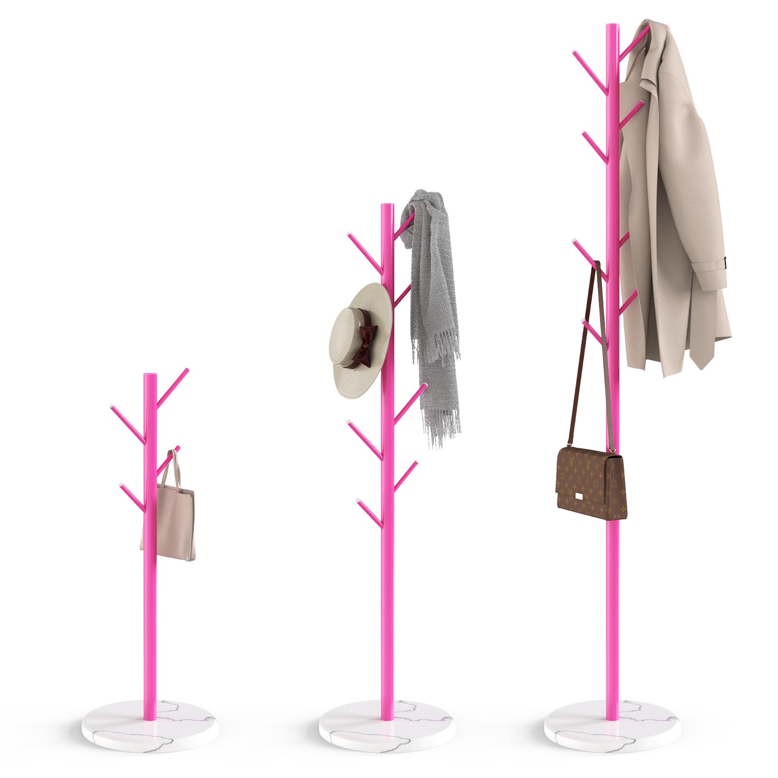 Photo 1 of HzTinT Coat Rack with Natural Marble Base, Metal Freestanding Coat Rack with 8 Hooks, 3 Adjustable Size Sturdy Coat Tree for Bags, Coats, and Hats for Entryway, Hallway, Bedroom, Office, Pink