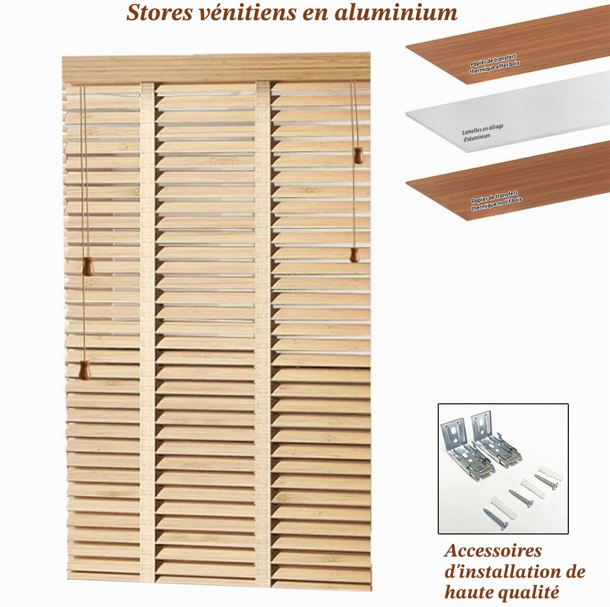 Store Venitien Bois Lamelles 50 mm Extra Larges Chêne – Montage Facile Mur & Plafond – Brise-Vue Fenêtre Bois Massif – Stores Vénitiens Intérieurs & Extérieur