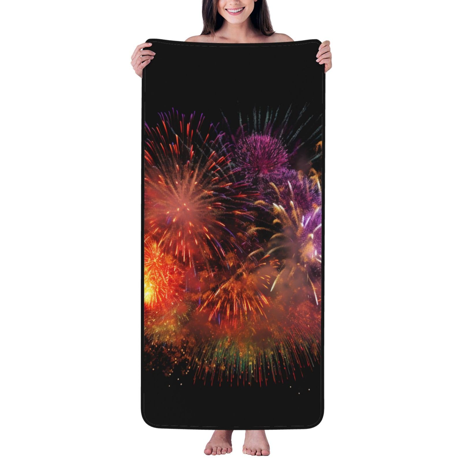 WPKJU Explosion Firework 3D Printed Bath Towel with Black Edging - 27x55 in Soft Extra Absorbent Coral Velvet Shower Towels for Bathroom