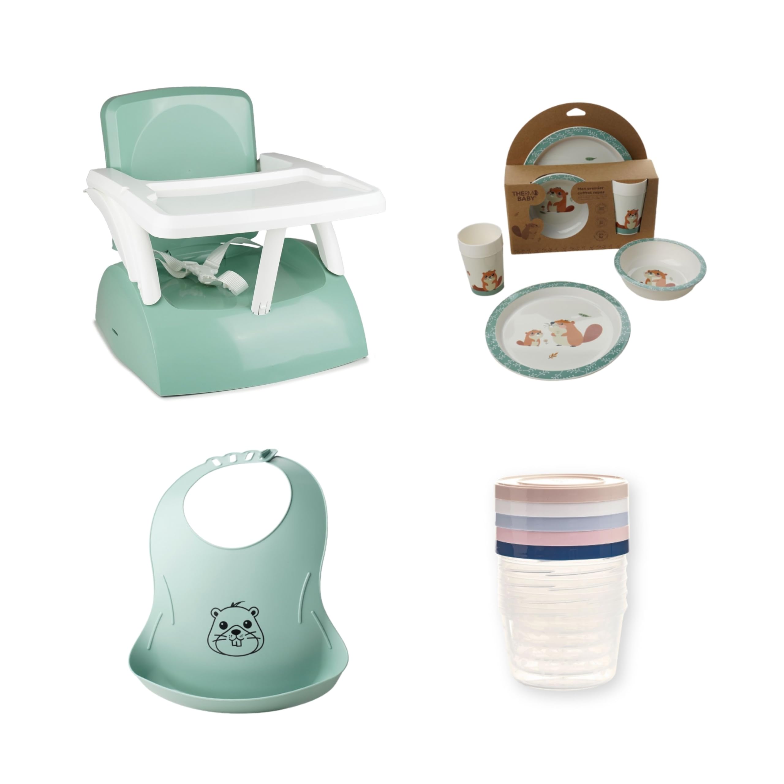 Rehausseur de chaise pour enfant + Boîtes de conservation + Coffret vaisselle micro-ondes + Bavoir semi-rigide