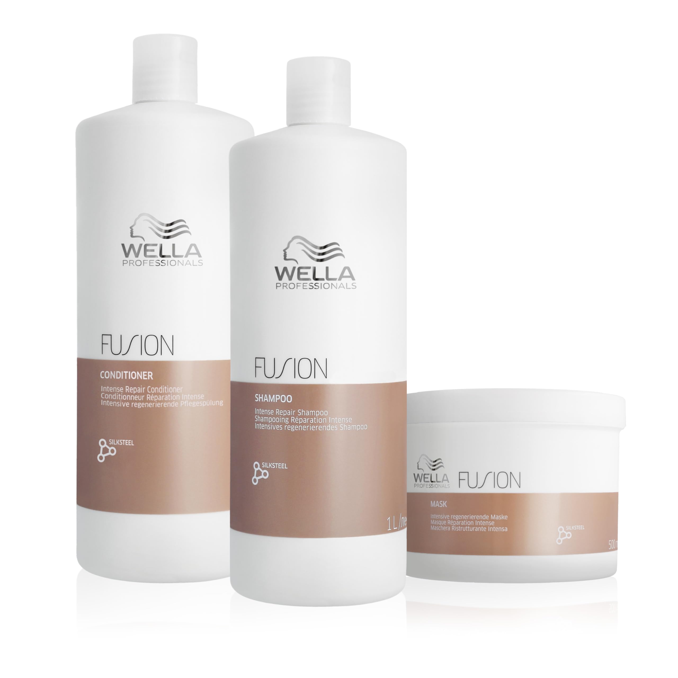 Wella Professionals Pack Fusion, Reparación Intensa, Cabello Dañado, Champú (1L) + Acondicionador (1L) + Mascarilla (500ml)