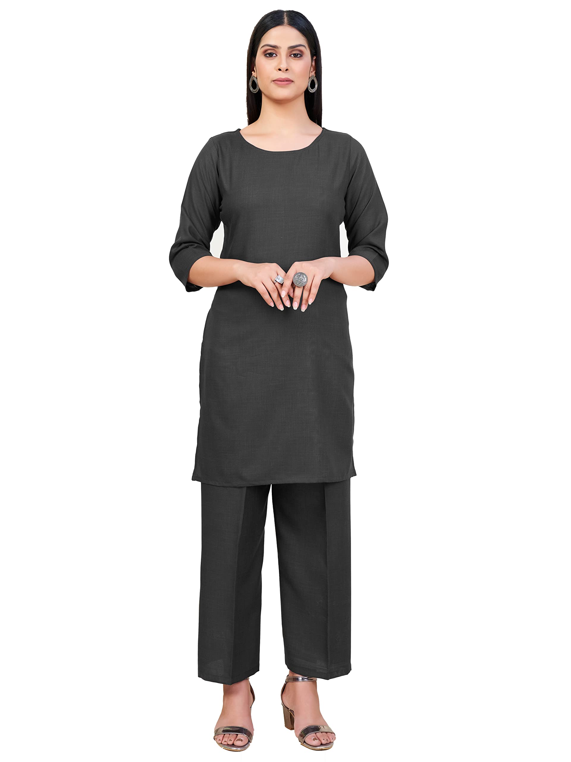 Apeiro Plain Kurti Palazzo Set for Women's - Simple Straight Kurta with Round Neck Crepe Kurti and Loose Palazzo for Daily, Office, Holiday Wear for Girl's (Black)
