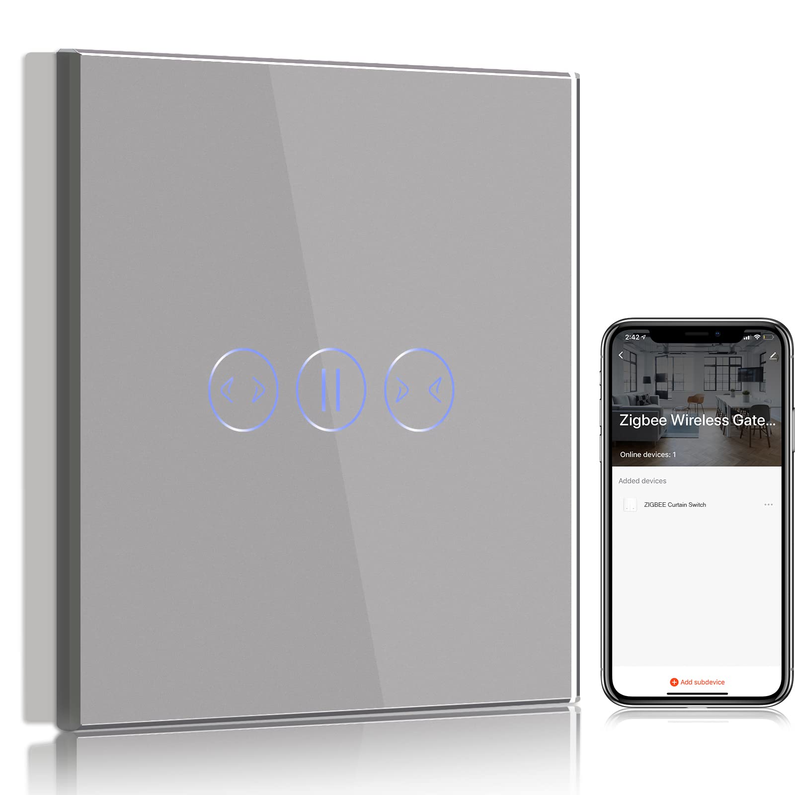 BSEED BSEED Zigbee Interrupteur Rideau Connecté Alexa,Compatible avec Amazon Alexa et Google Home,Gris Smart Commutateur de Rideau avec Avec Contrôle à Distance et Fonction de Temps(NÉCESSITE TUYA HUB)