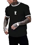 Men's Crown Letter Print Striped Trim Tee Tops Short Sleeve Crew Neck Summer T Shirt