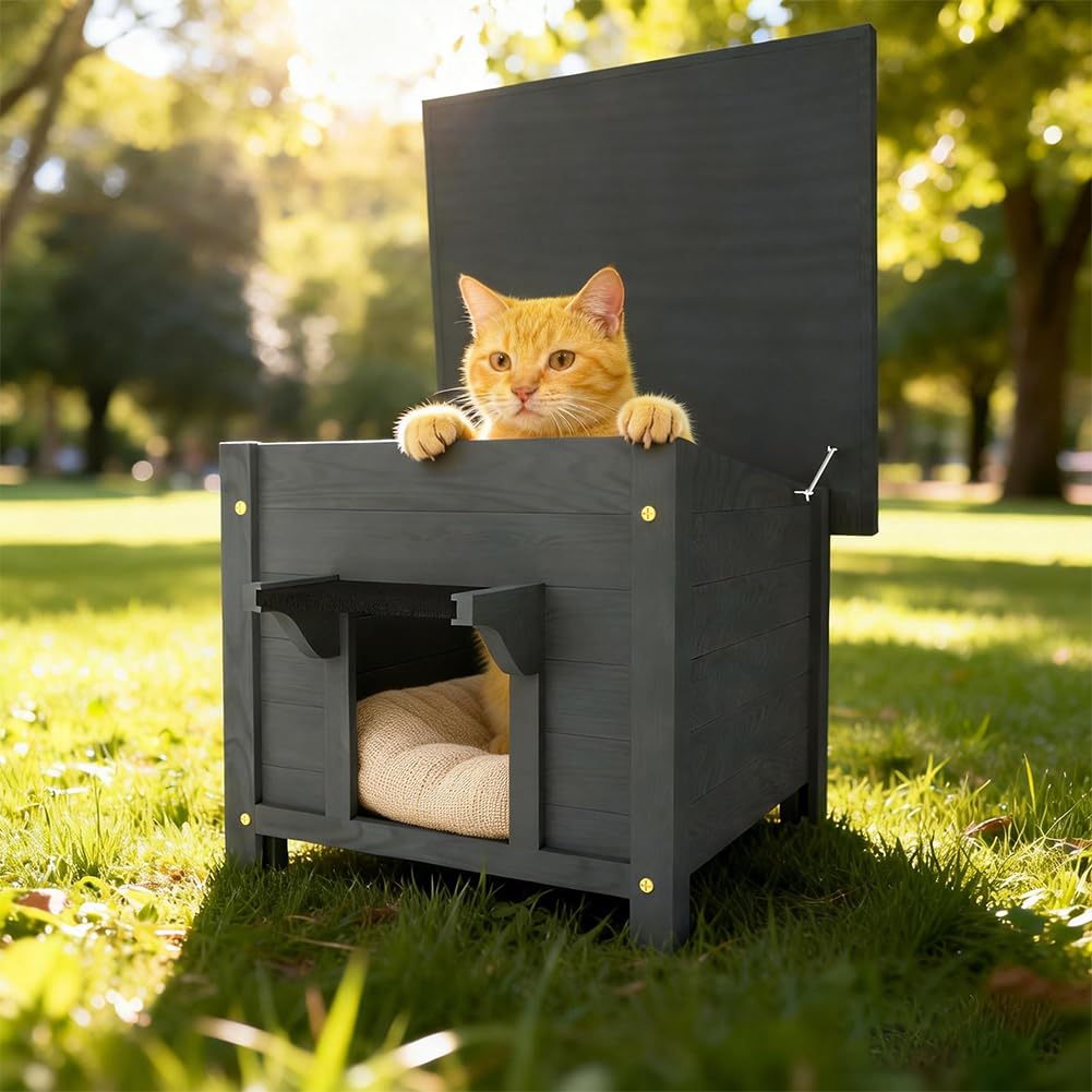 BAKAJI Cuccia per Animali Domestici Grigia in Legno, Casetta per Cani e Gatti con Tetto Apribile, Casa, Esterno Interno Resistente Intemperie e Agli Agenti Atmosferici, Tettoia Asfaltata, 60x58x47cm