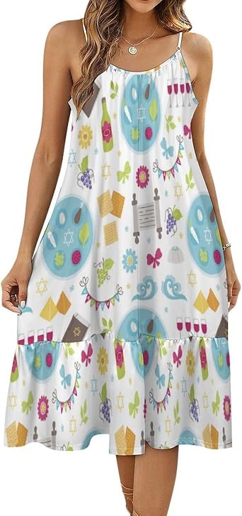 Happy Traditional Jewish Passover Womens Strap Dress Pajama Sleeveless Nightdress Loungewear Beach Dresses Small