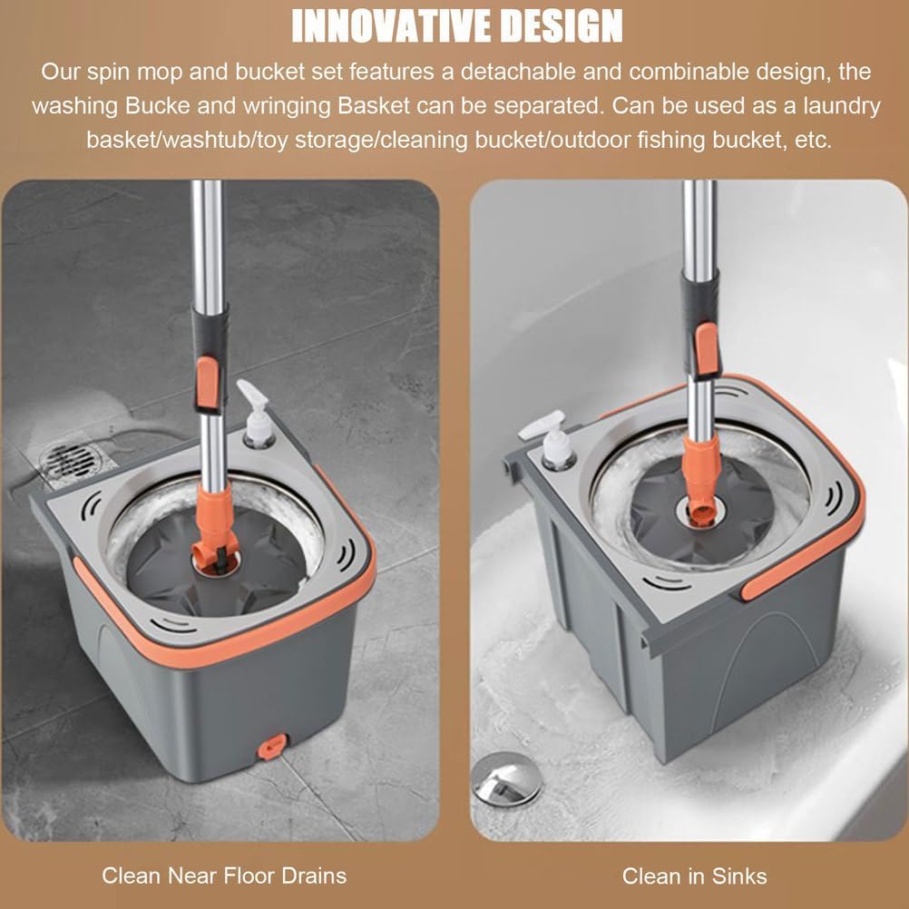 Spin Mop and Detachable Wringer Bucket Set, Separates Clean & Dirty Water, 180° Spinning Microfiber Mop Heads, Household Floor Cleaning System for Hardwood, Wood, Laminate, Tile
