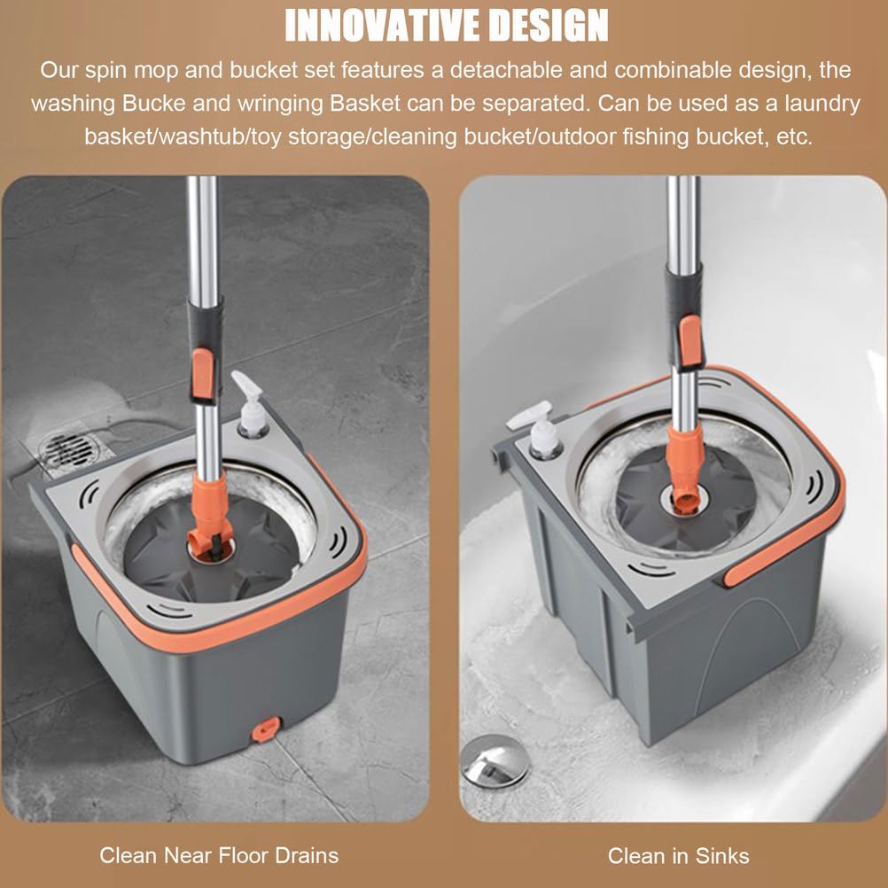 Juego de fregona giratoria y Cubo escurridor Desmontable, Separa Agua Limpia y Sucia, Cabezales giratorios de la fregona de Microfibra de 180° para Madera Dura, laminados y baldosas