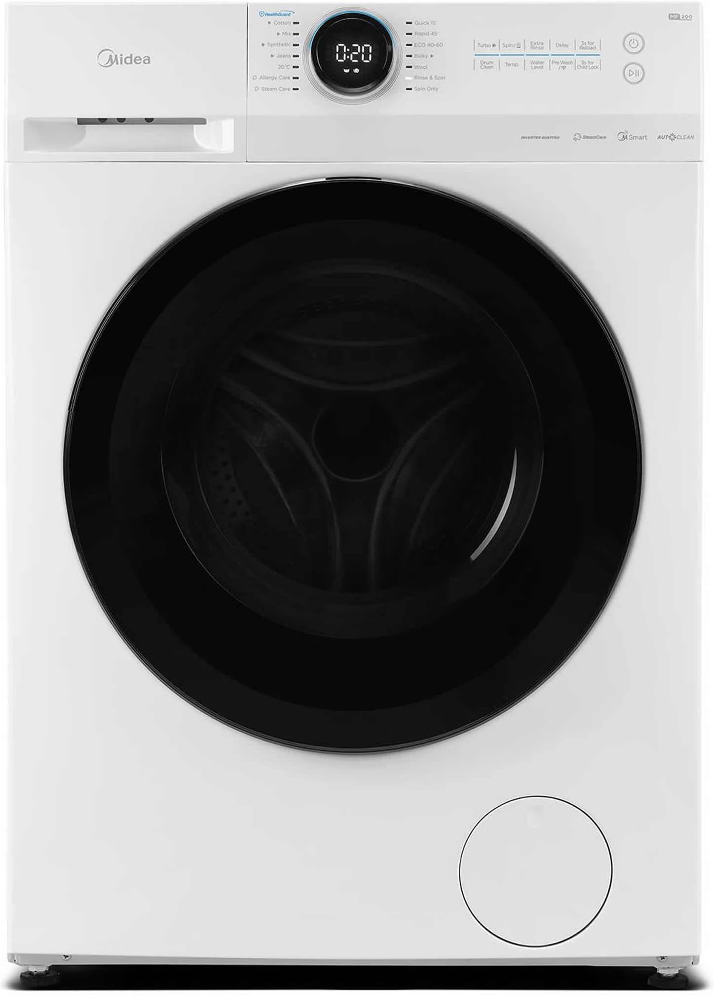 MF20EW100WB Freestanding Washing Machine, BLDC Motor, Bright LED Display Lunar Dial, Steam, Allergy Care, Half-Load, Add Garment, Delay Start, Child Lock, App Control, 10kg White
